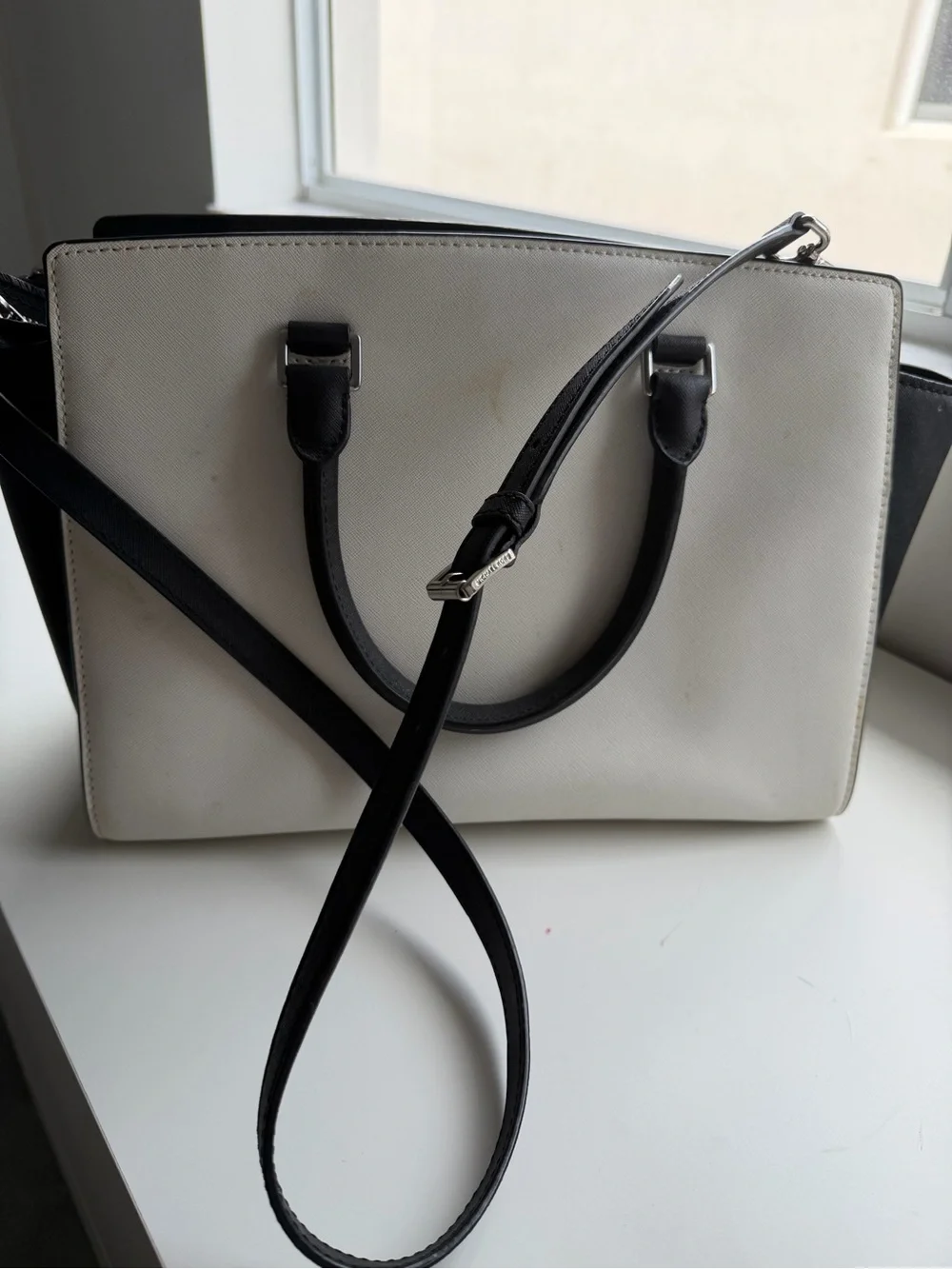 Michael Kors White & Black Saffiano Leather Satchel Shoulder Bag